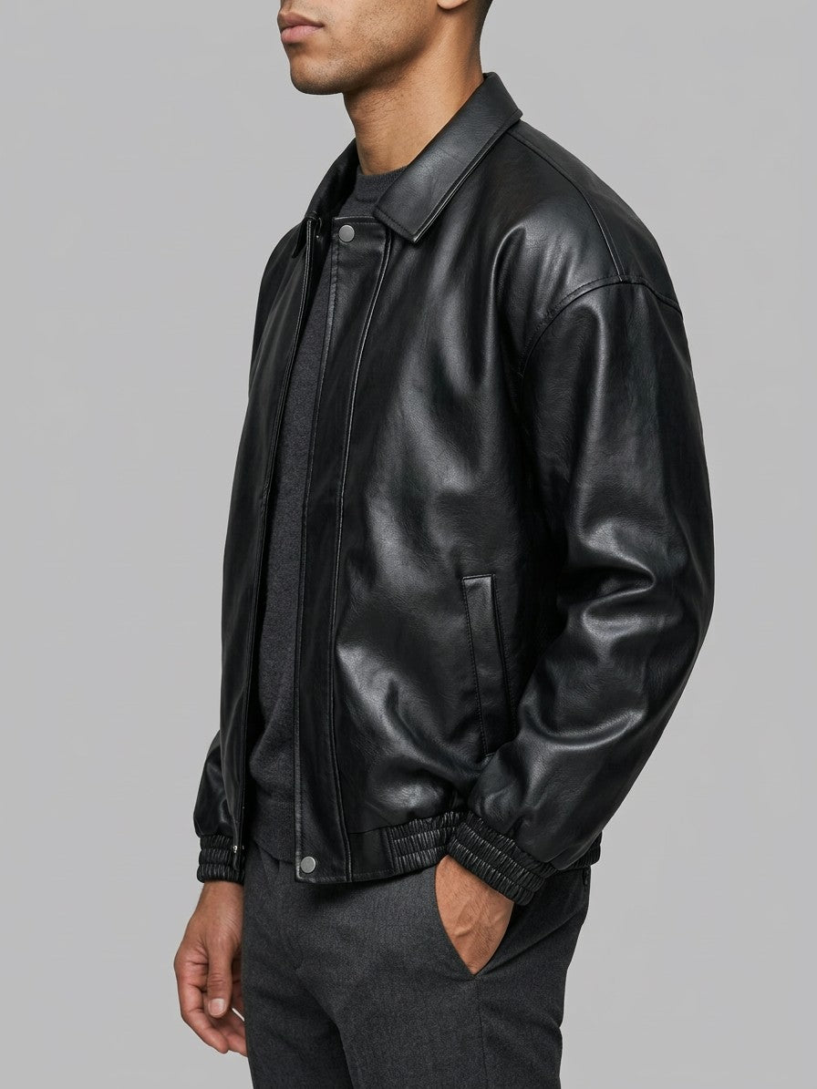 Spotorno Men's Shirt-Collar Faux Leather Jacket — black — side