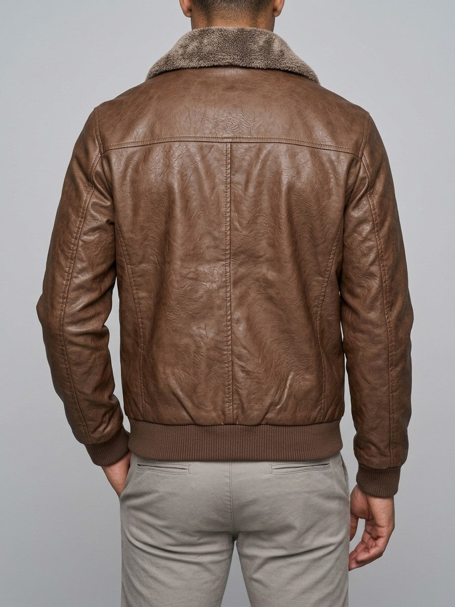Stilo Men's Fur-Collar Aviator Jacket — brown — back