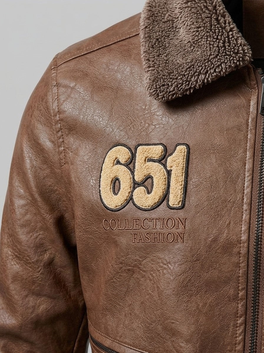 Stilo Men's Fur-Collar Aviator Jacket — brown — detail-collar