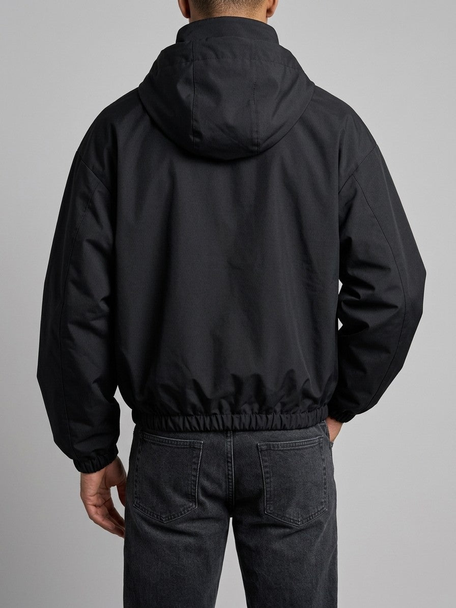 Stradella Men's Diagonal-Zip Hooded Windbreaker — black — back