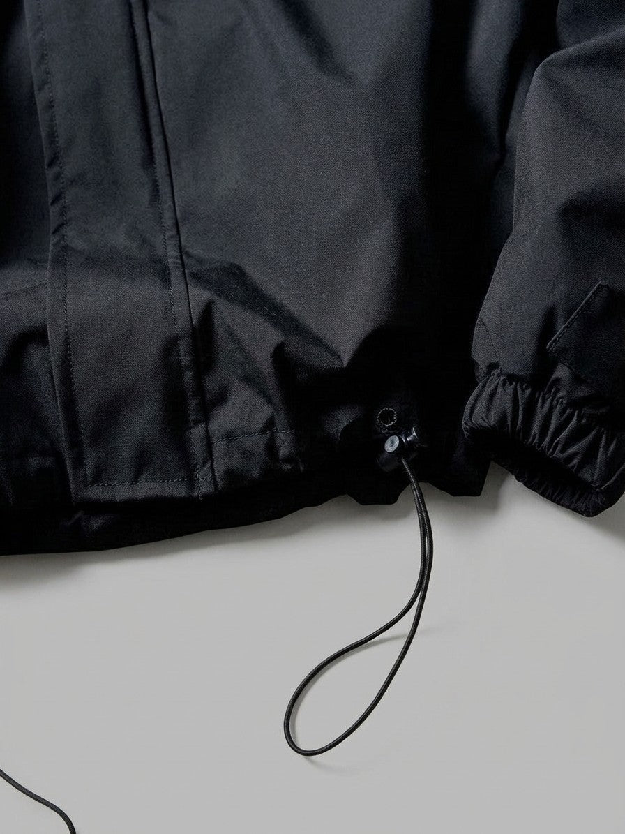 Stradella Men's Diagonal-Zip Hooded Windbreaker — black — detail-collar