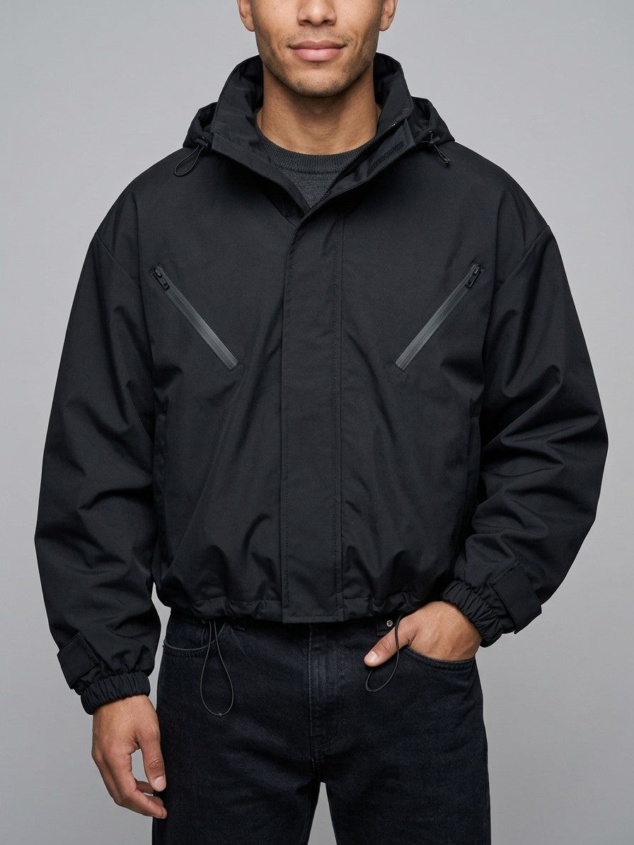 Stradella Men's Diagonal-Zip Hooded Windbreaker — black — front