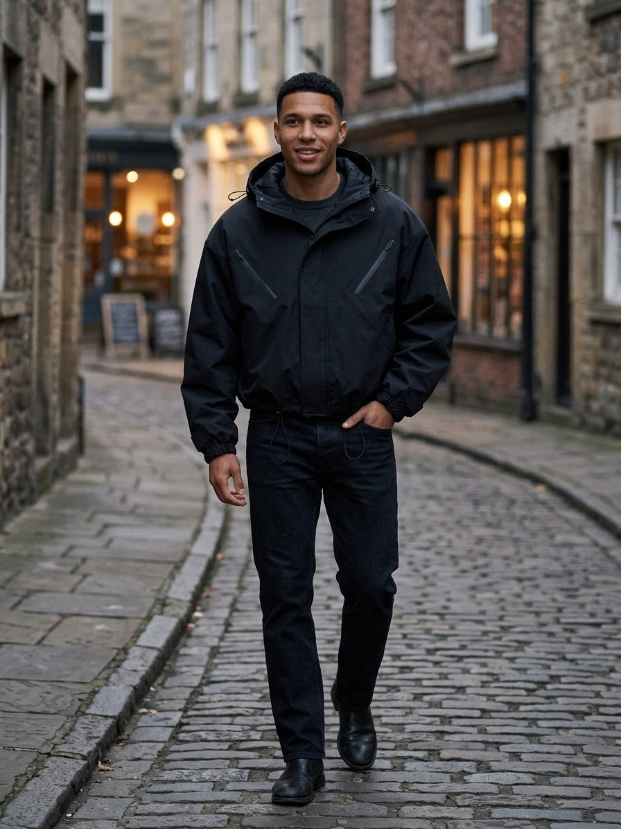 Stradella Men's Diagonal-Zip Hooded Windbreaker — black — lifestyle