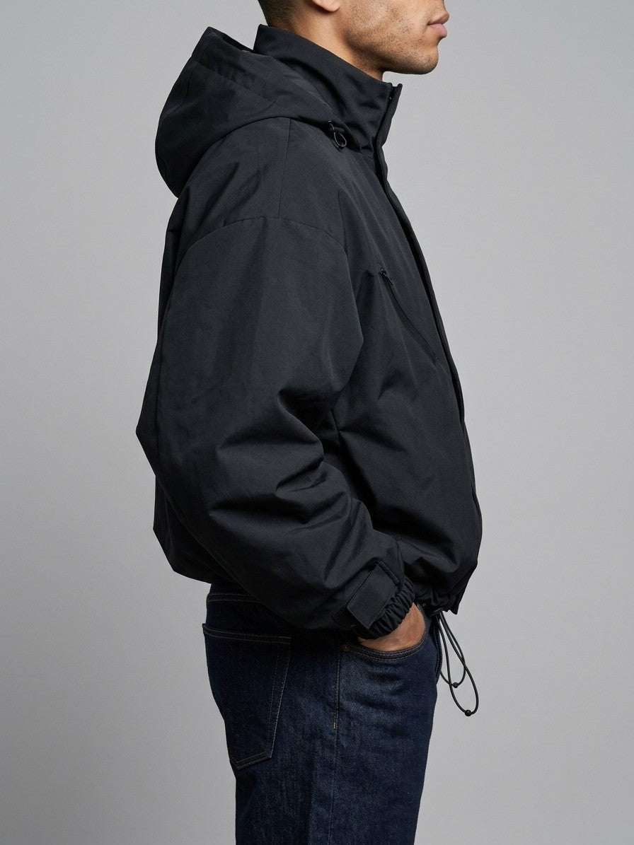 Stradella Men's Diagonal-Zip Hooded Windbreaker — black — side