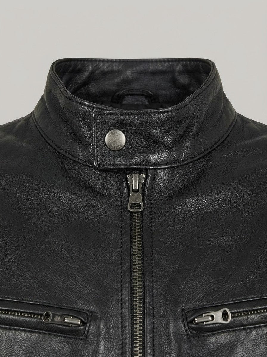 Stresa Men's Leather-Look Biker Jacket — black — detail-collar