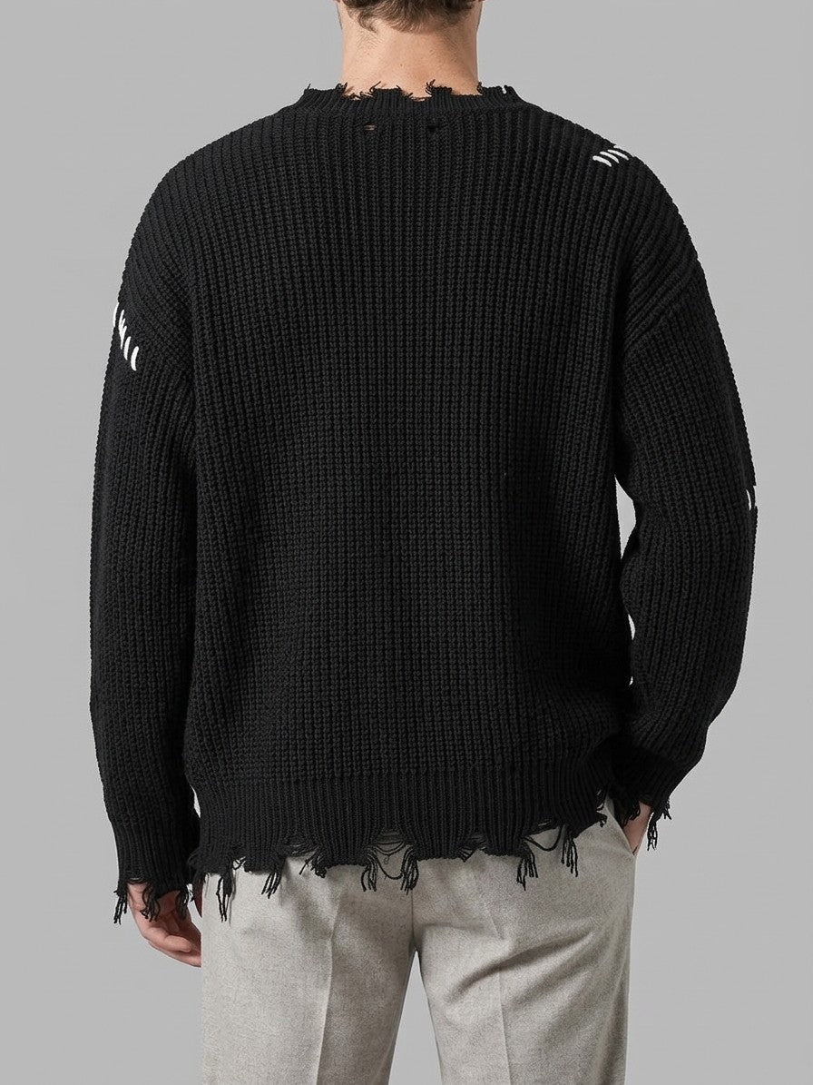 Strongoli Men's Distressed Whipstitch Rib-Knit Sweater — black — back