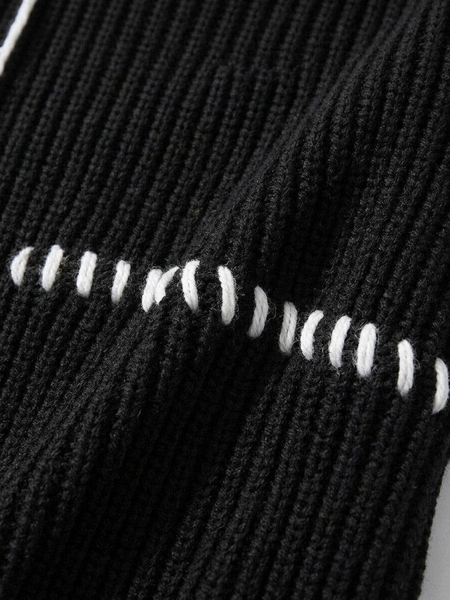Strongoli Men's Distressed Whipstitch Rib-Knit Sweater — black — detail-2