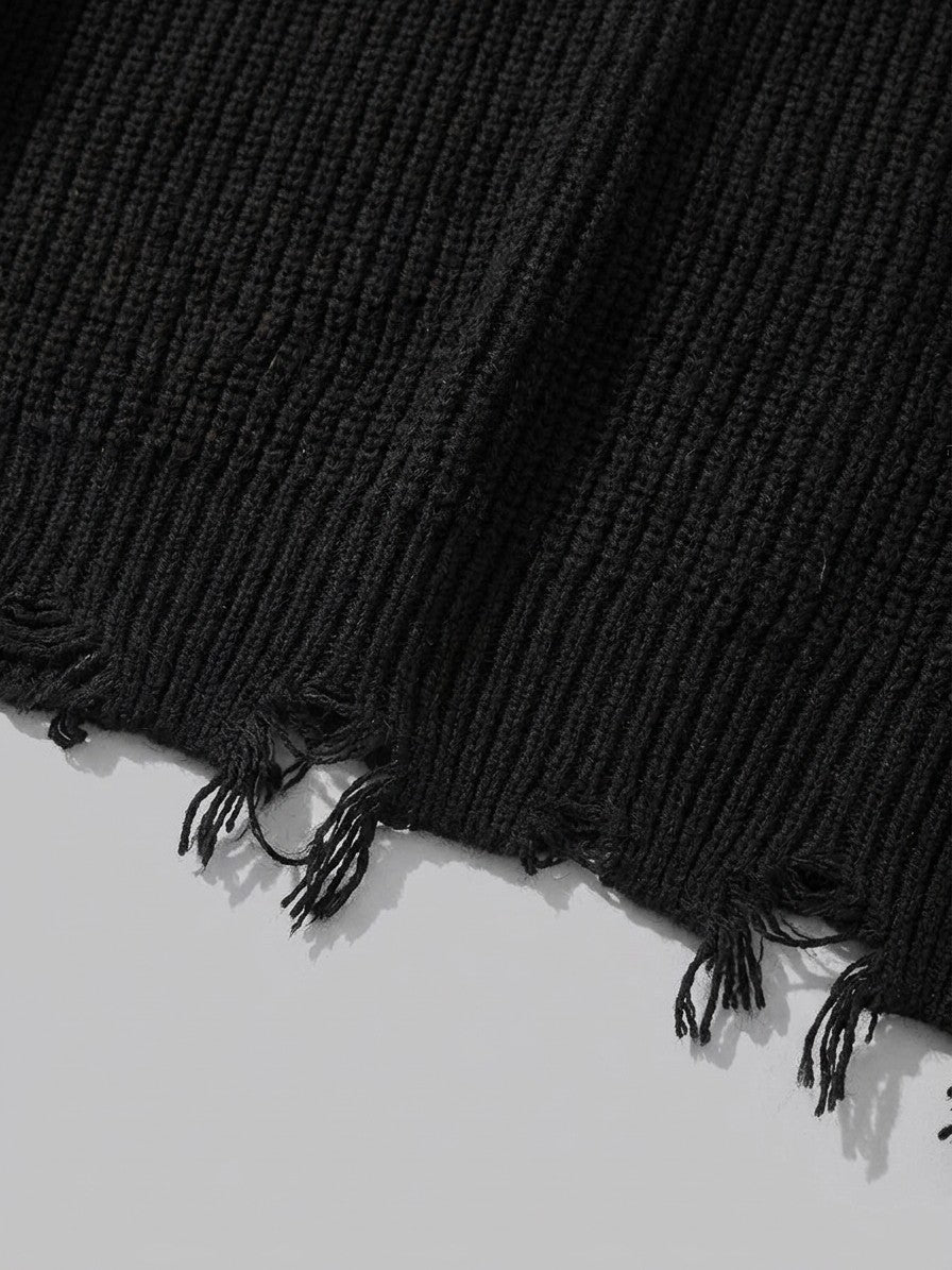 Strongoli Men's Distressed Whipstitch Rib-Knit Sweater — black — detail-collar