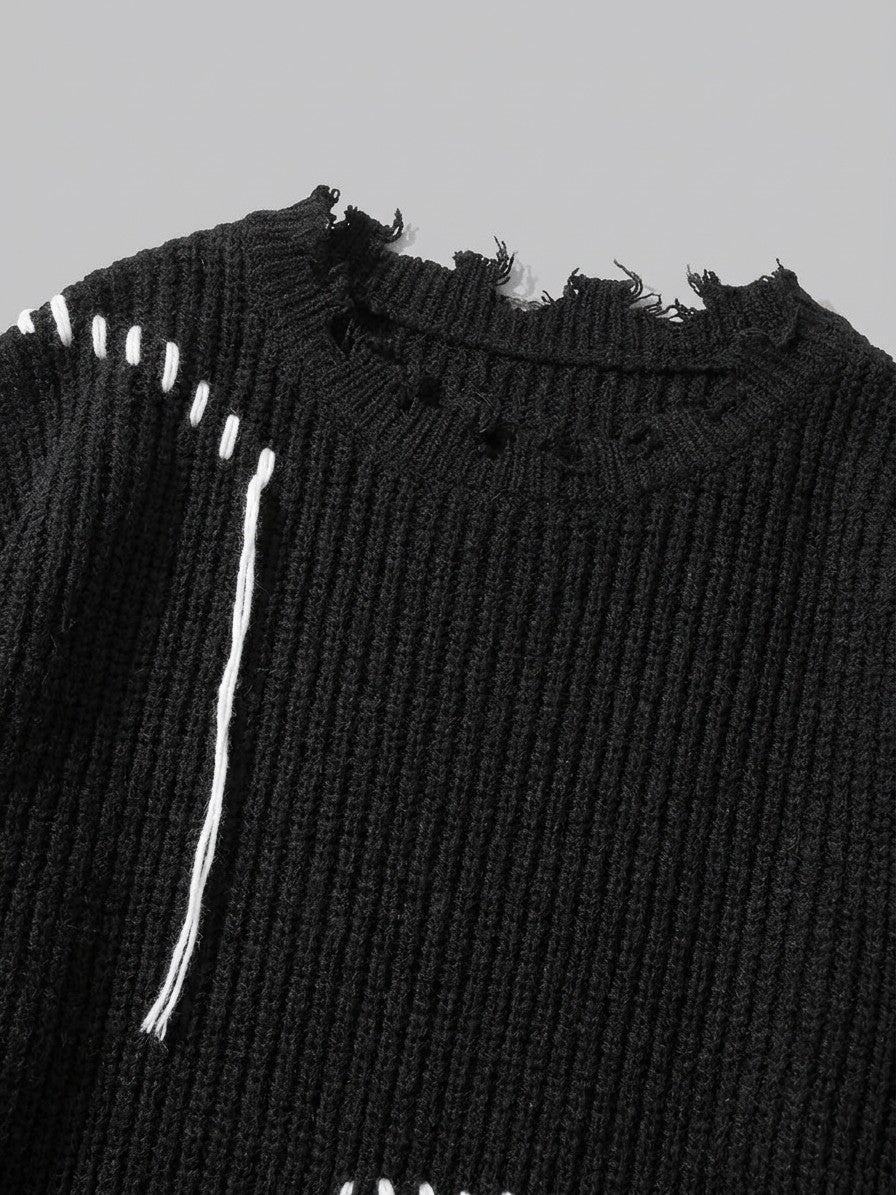 Strongoli Men's Distressed Whipstitch Rib-Knit Sweater — black — detail