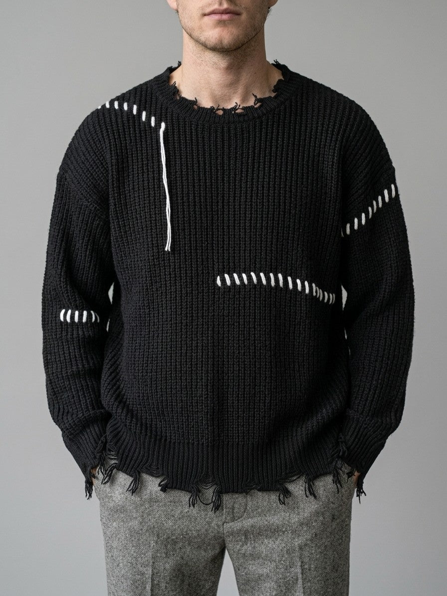 Strongoli Men's Distressed Whipstitch Rib-Knit Sweater — black — front