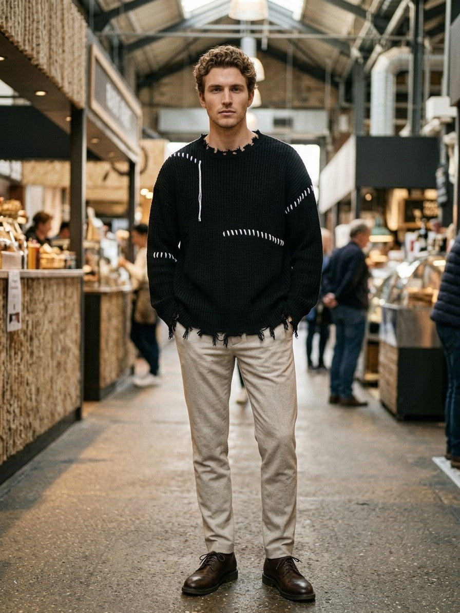 Strongoli Men's Distressed Whipstitch Rib-Knit Sweater — black — lifestyle