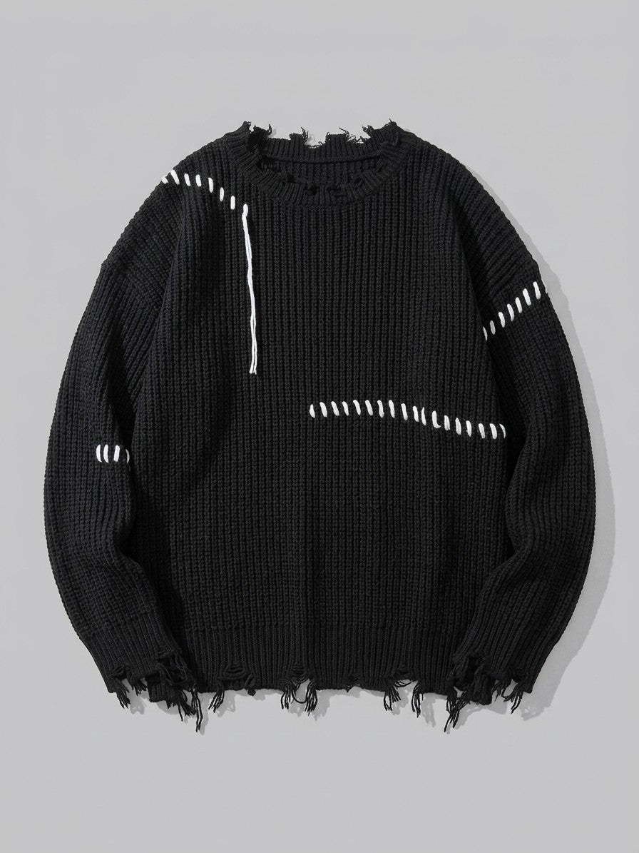 Strongoli Men's Distressed Whipstitch Rib-Knit Sweater — black — packshot