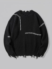 Strongoli Men's Distressed Whipstitch Rib-Knit Sweater