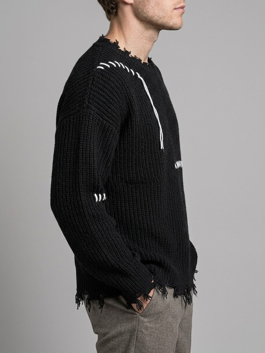 Strongoli Men's Distressed Whipstitch Rib-Knit Sweater — black — side