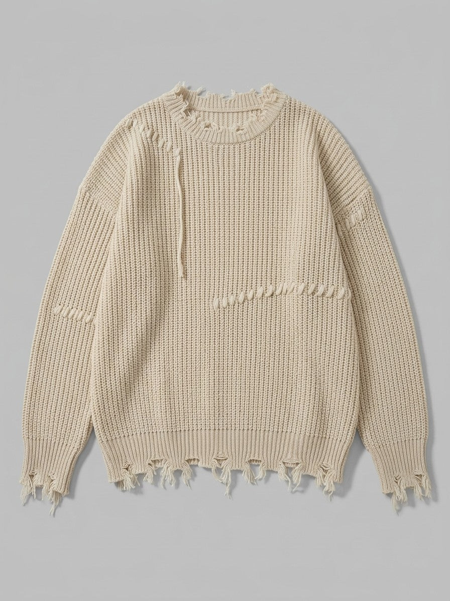 Strongoli Men's Distressed Whipstitch Rib-Knit Sweater — cream — packshot