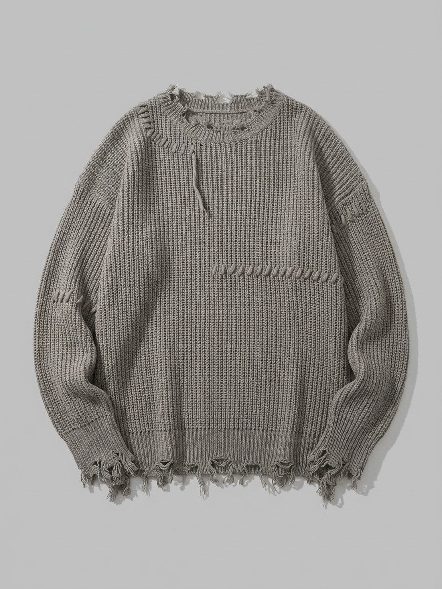 Strongoli Men's Distressed Whipstitch Rib-Knit Sweater — grey — packshot