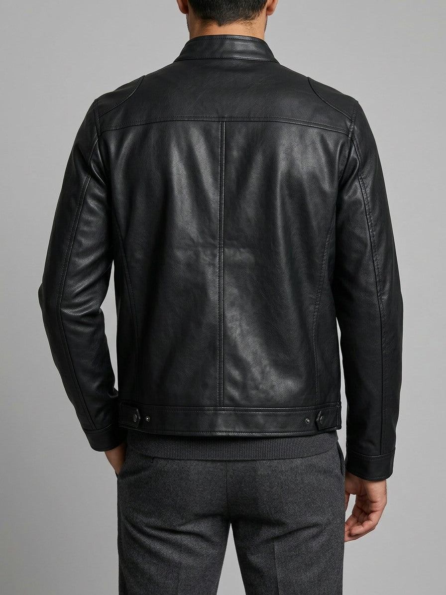 Subiaco Men's Snap-Collar Faux Leather Racer Jacket — black — back