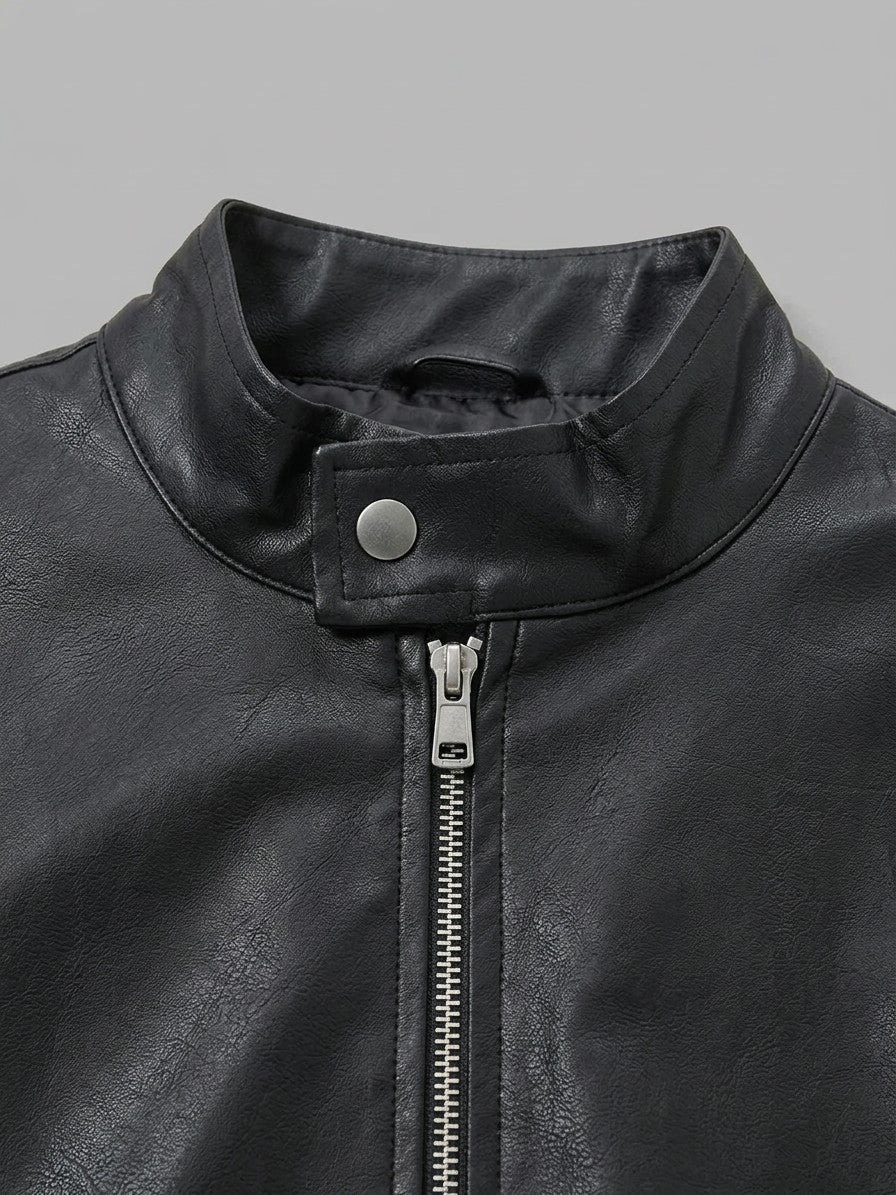 Subiaco Men's Snap-Collar Faux Leather Racer Jacket — black — detail-2