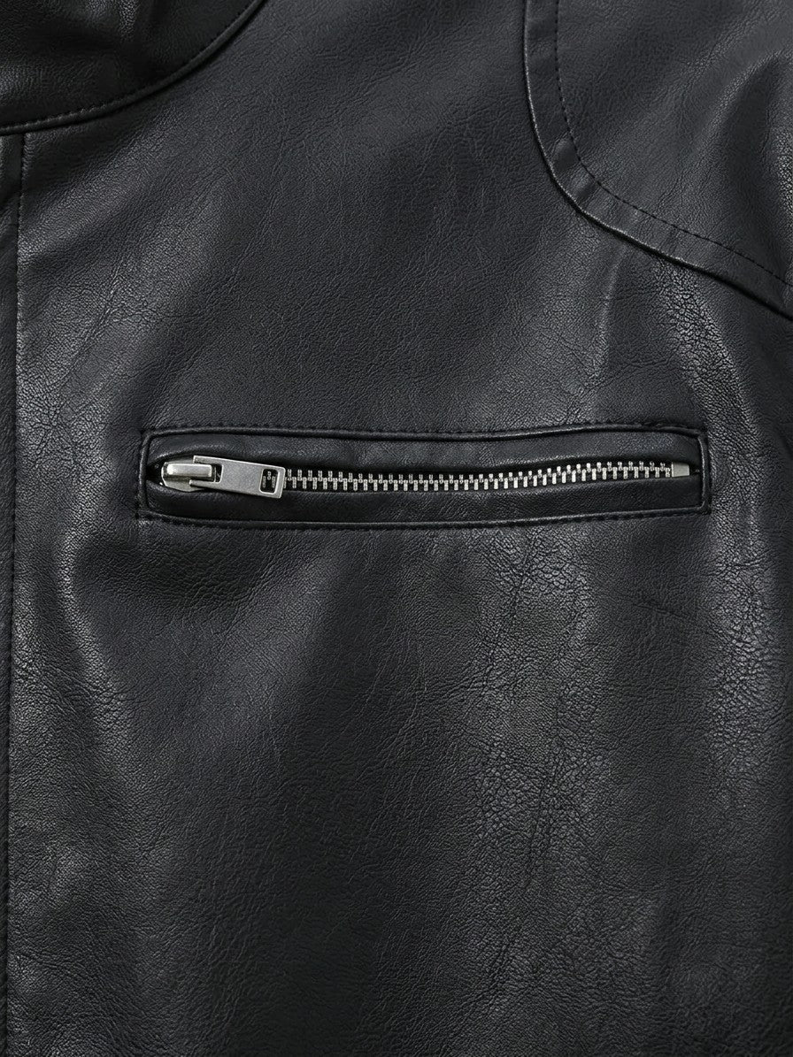 Subiaco Men's Snap-Collar Faux Leather Racer Jacket — black — detail