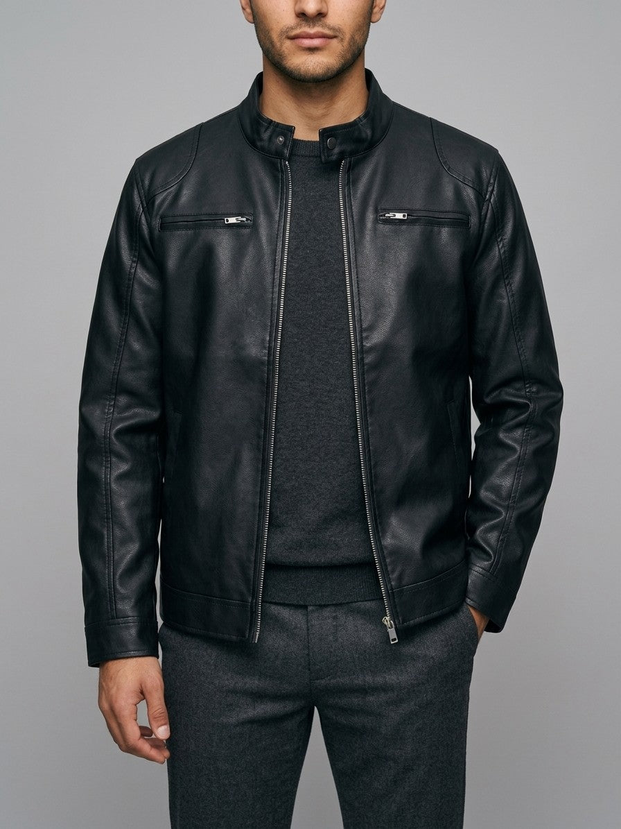 Subiaco Men's Snap-Collar Faux Leather Racer Jacket — black — front