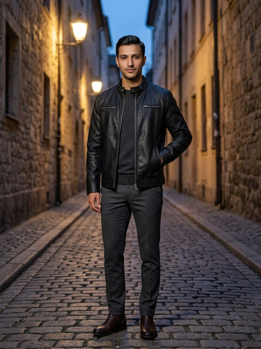 Subiaco Men's Snap-Collar Faux Leather Racer Jacket — black — lifestyle