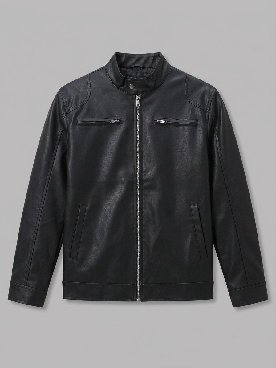 Subiaco Men's Snap-Collar Faux Leather Racer Jacket — black — packshot