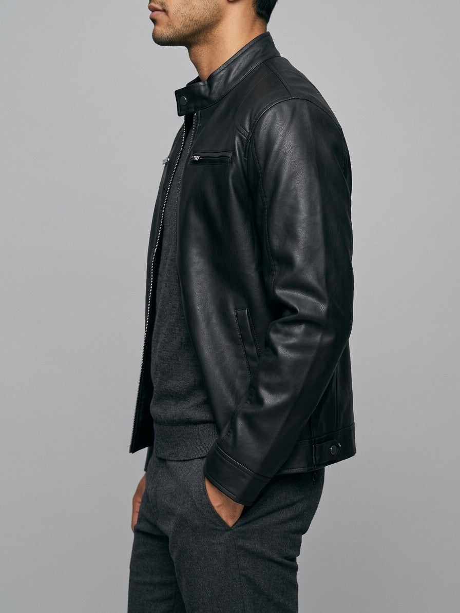 Subiaco Men's Snap-Collar Faux Leather Racer Jacket — black — side