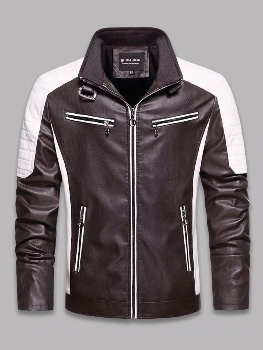 Sulmona Men's Quilted-Shoulder Faux Leather Racer Jacket — brown — packshot