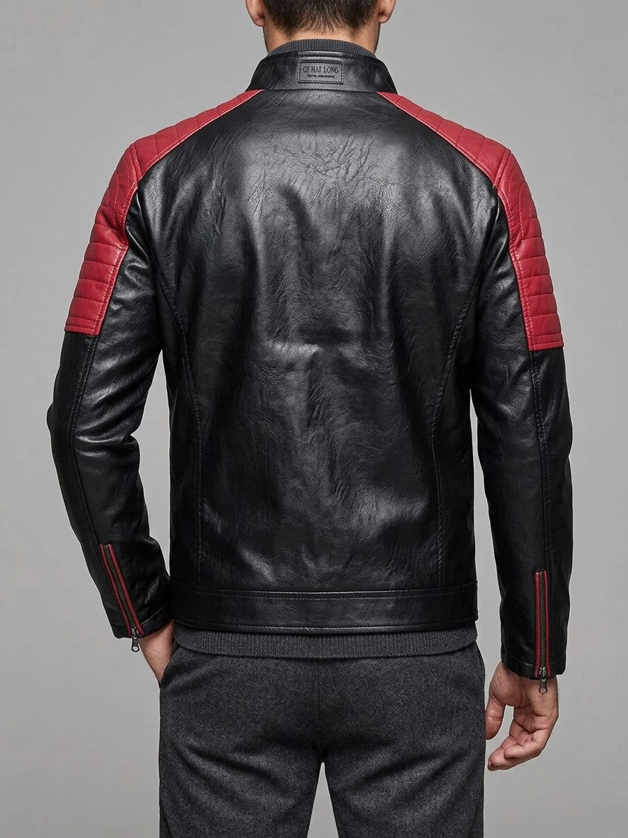 Sulmona Men's Quilted-Shoulder Faux Leather Racer Jacket — red — back