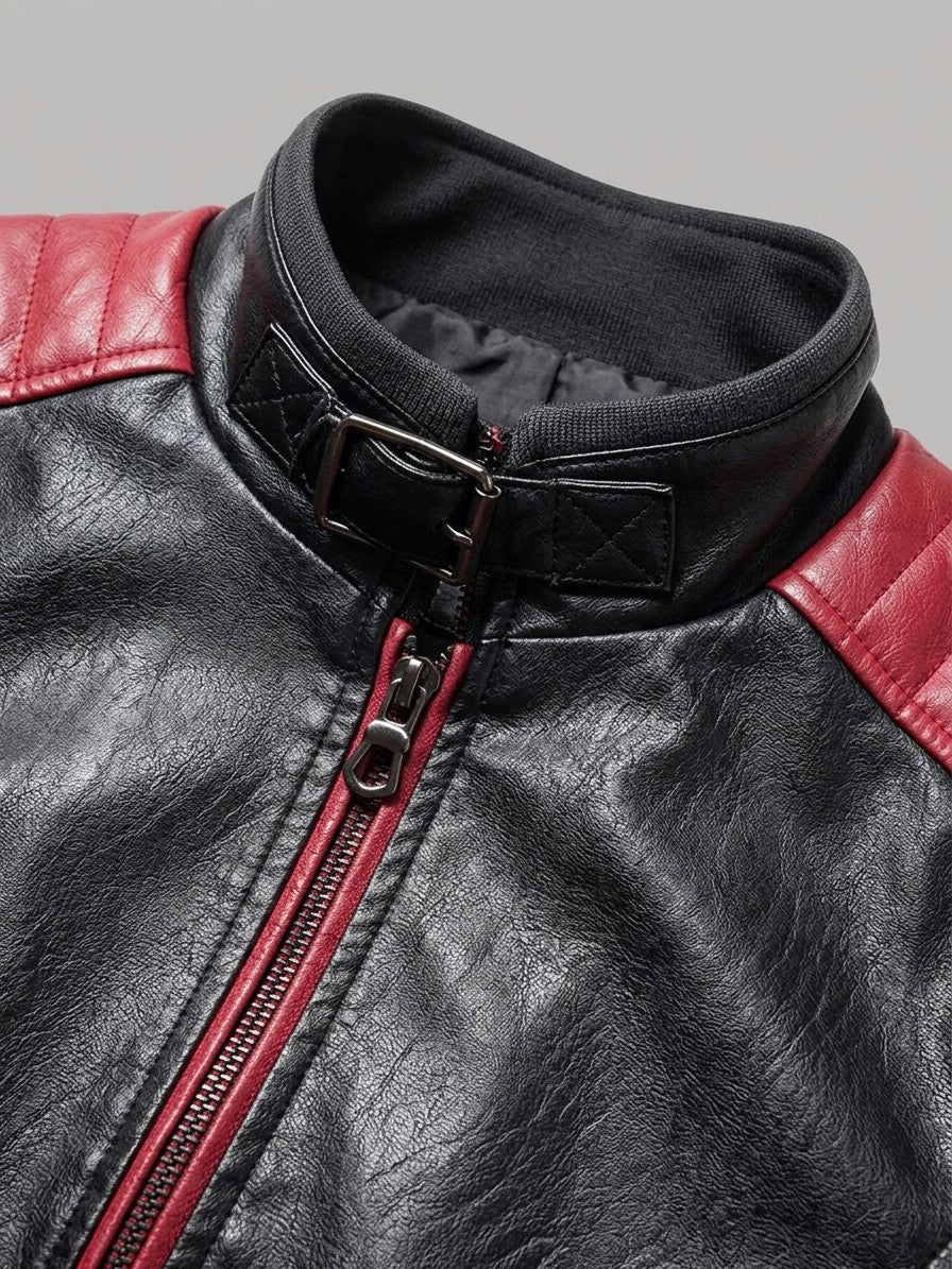 Sulmona Men's Quilted-Shoulder Faux Leather Racer Jacket — red — detail-2