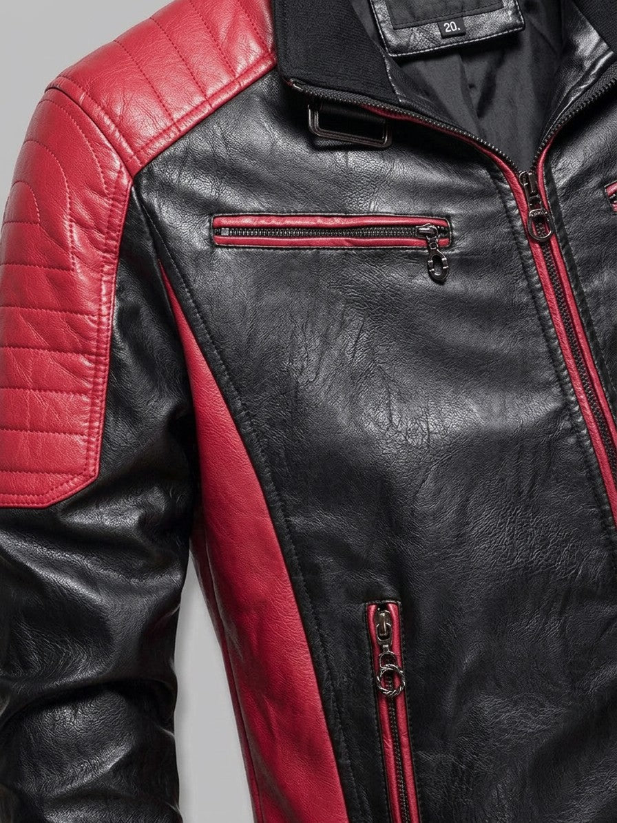 Sulmona Men's Quilted-Shoulder Faux Leather Racer Jacket — red — detail-collar
