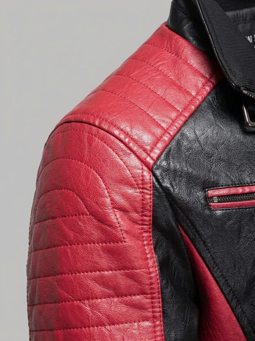 Sulmona Men's Quilted-Shoulder Faux Leather Racer Jacket — red — detail