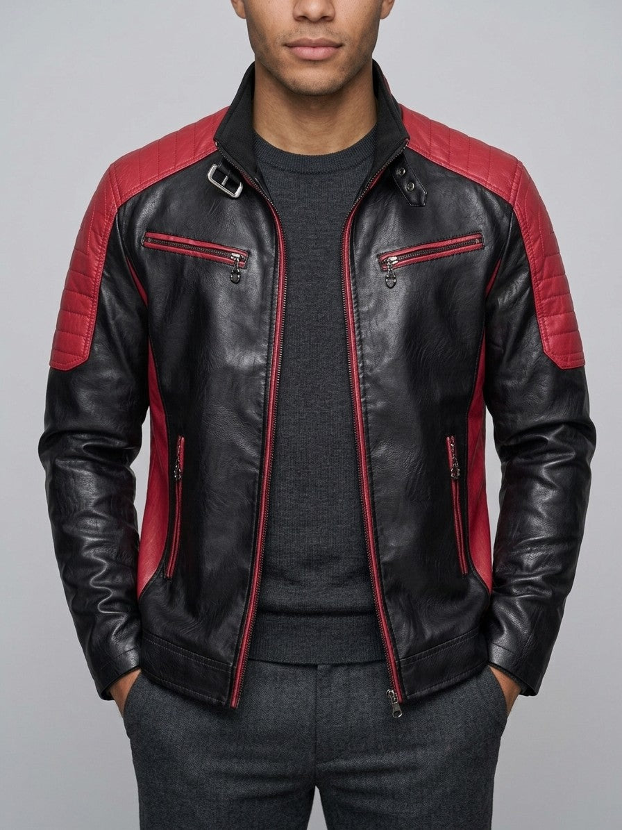 Sulmona Men's Quilted-Shoulder Faux Leather Racer Jacket — red — front
