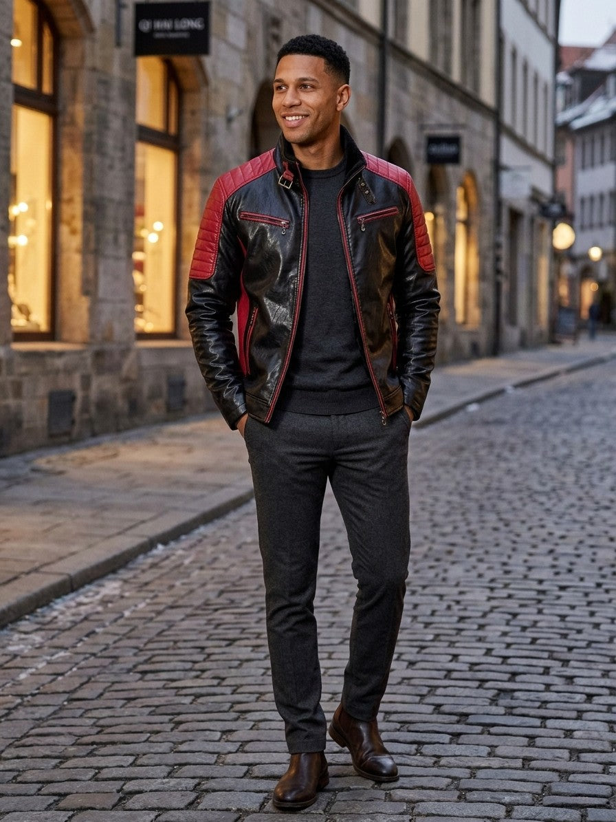 Sulmona Men's Quilted-Shoulder Faux Leather Racer Jacket — red — lifestyle