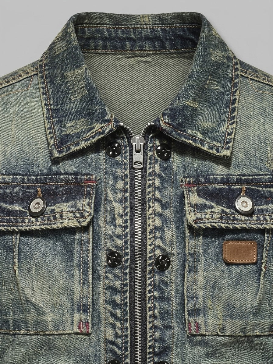 Sutri Men's Vintage Wash Zip Denim Jacket — navyblue — detail-2