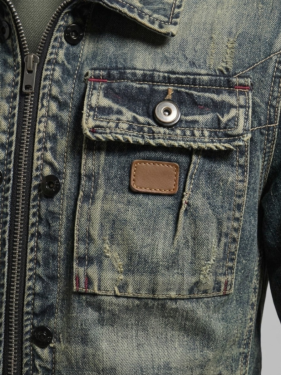 Sutri Men's Vintage Wash Zip Denim Jacket — navyblue — detail-collar