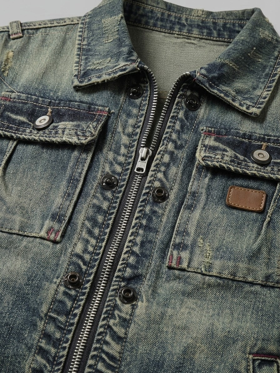 Sutri Men's Vintage Wash Zip Denim Jacket — navyblue — detail