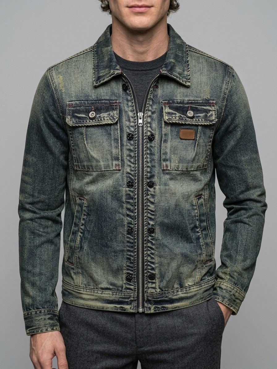 Sutri Men's Vintage Wash Zip Denim Jacket — navyblue — front