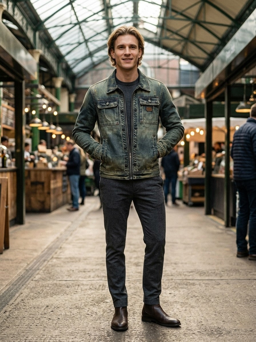 Sutri Men's Vintage Wash Zip Denim Jacket — navyblue — lifestyle