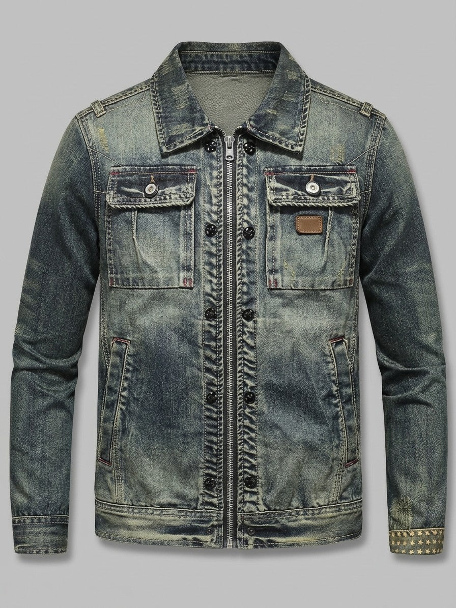 Sutri Men's Vintage Wash Zip Denim Jacket — navyblue — packshot
