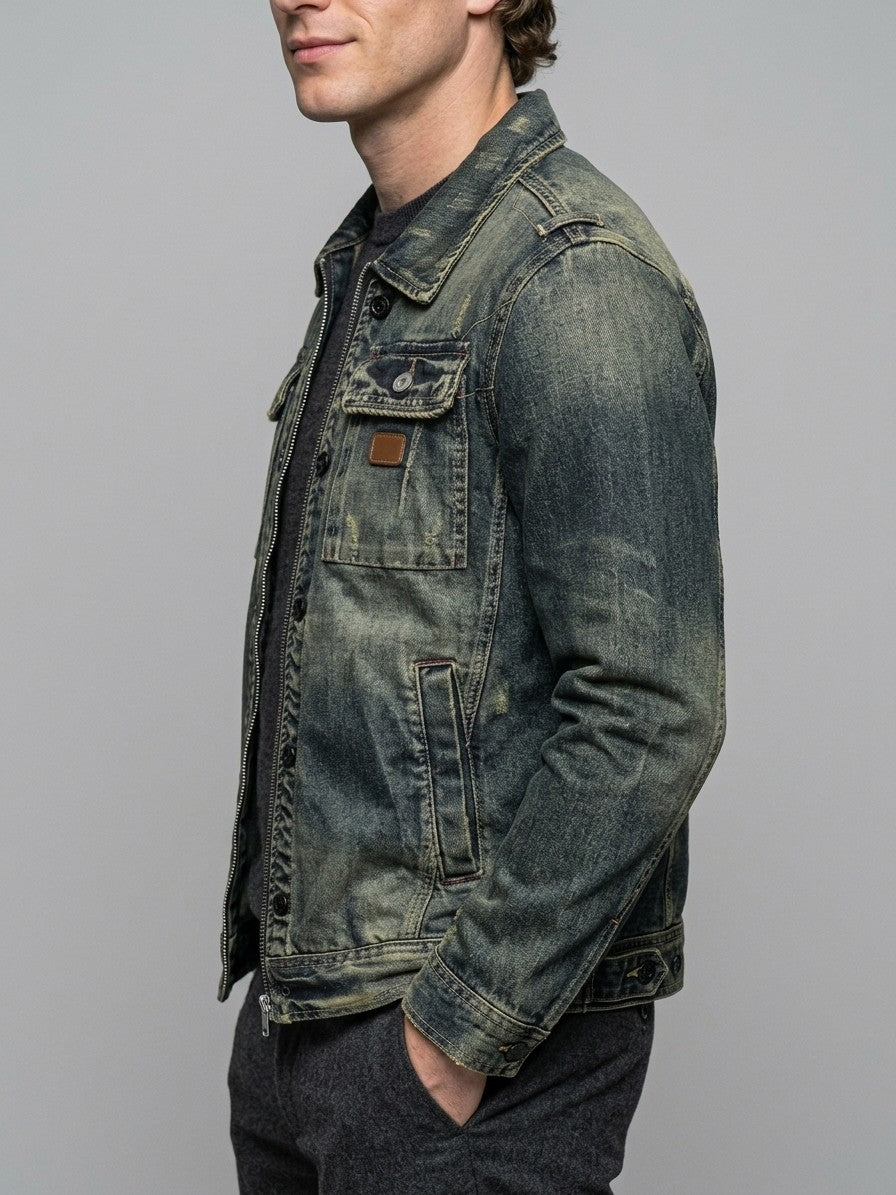 Sutri Men's Vintage Wash Zip Denim Jacket — navyblue — side