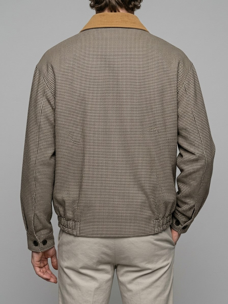 Suvereto Men's Houndstooth Corduroy-Collar Harrington Jacket — brown — back
