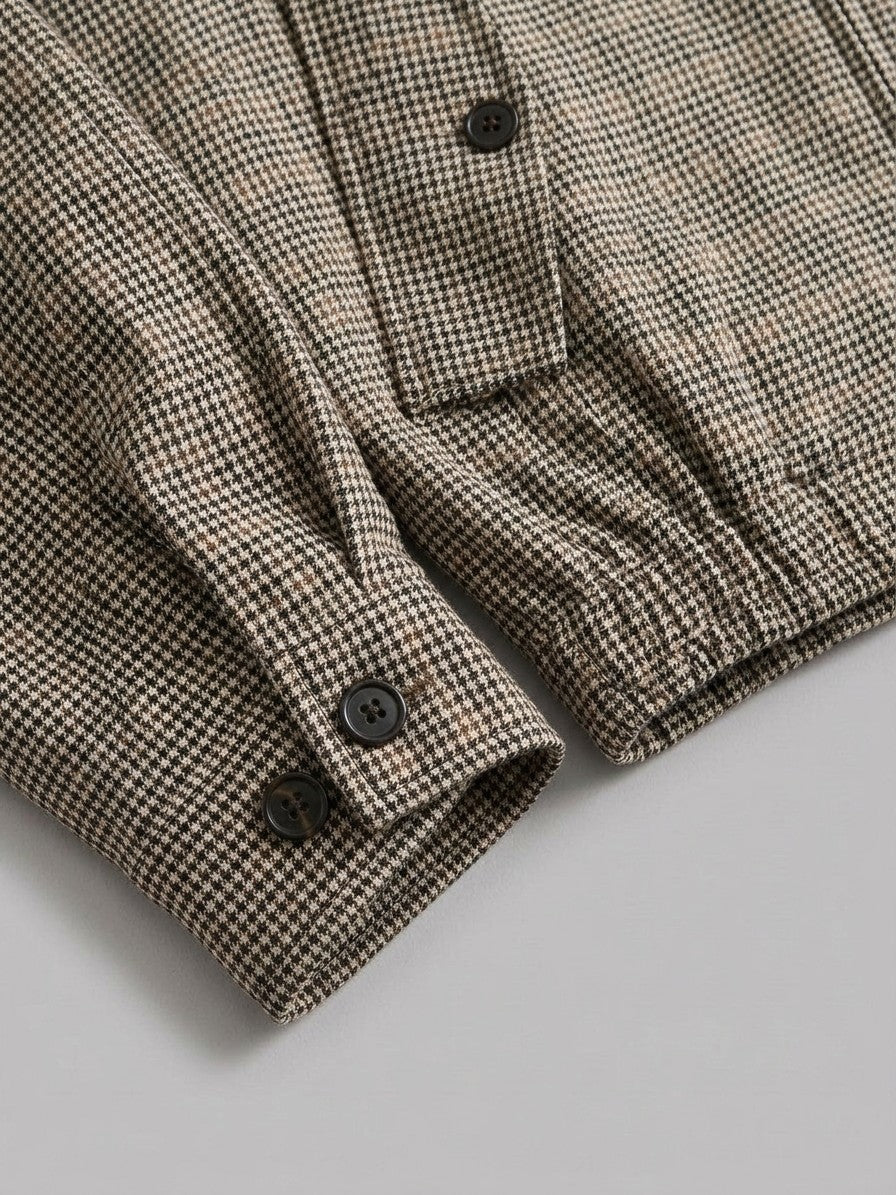 Suvereto Men's Houndstooth Corduroy-Collar Harrington Jacket — brown — detail-collar