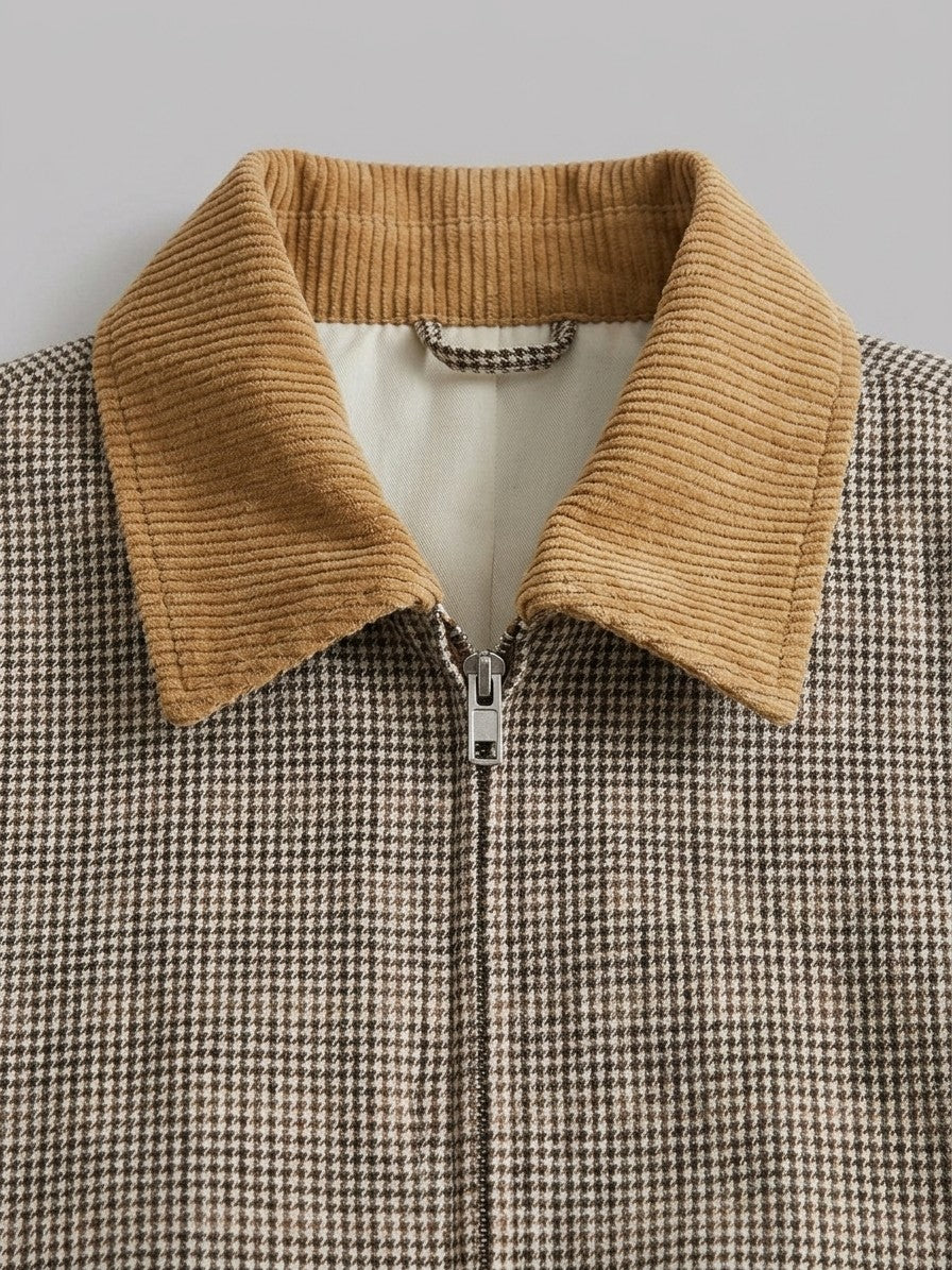 Suvereto Men's Houndstooth Corduroy-Collar Harrington Jacket — brown — detail