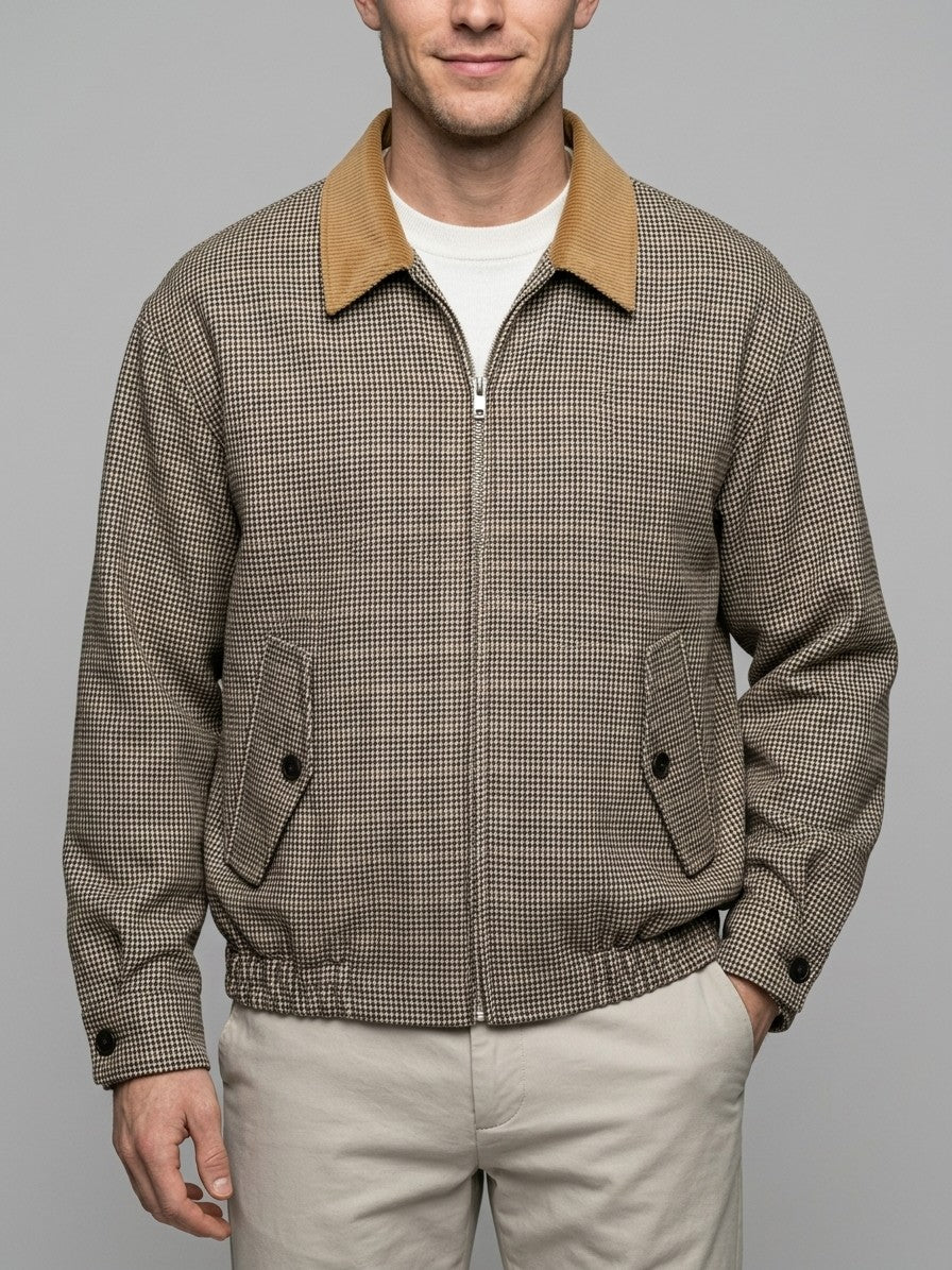 Suvereto Men's Houndstooth Corduroy-Collar Harrington Jacket — brown — front