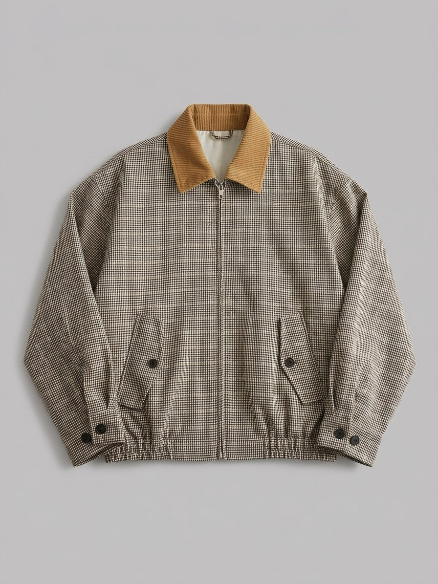 Suvereto Men's Houndstooth Corduroy-Collar Harrington Jacket — brown — packshot