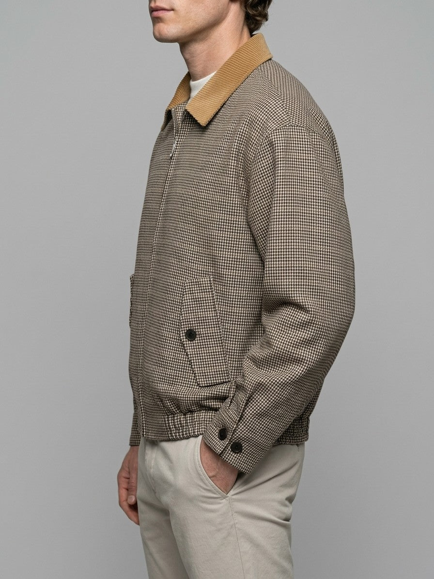 Suvereto Men's Houndstooth Corduroy-Collar Harrington Jacket — brown — side