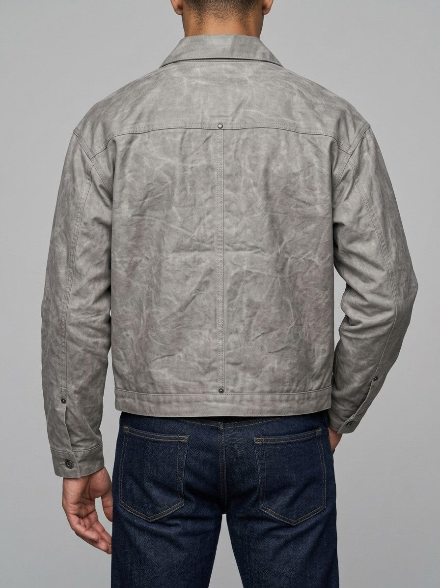 Suzzara Men's Denim-Pocket Waxed Trucker Jacket — stonegrey — back