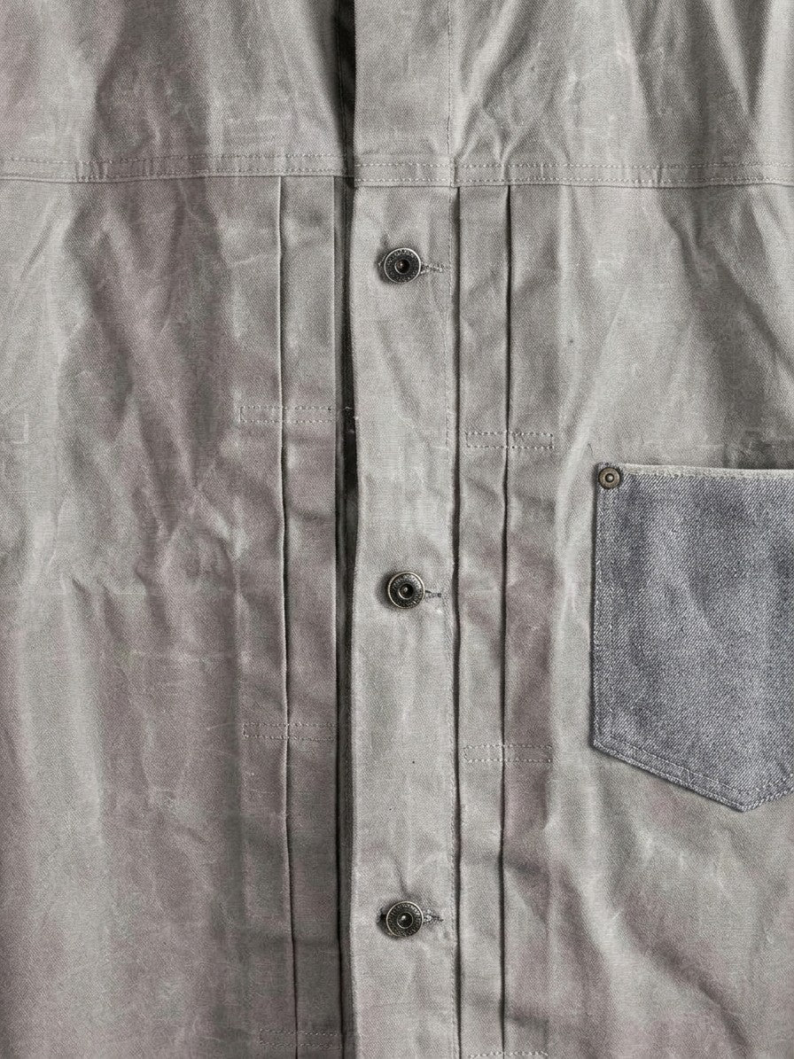 Suzzara Men's Denim-Pocket Waxed Trucker Jacket — stonegrey — detail-2