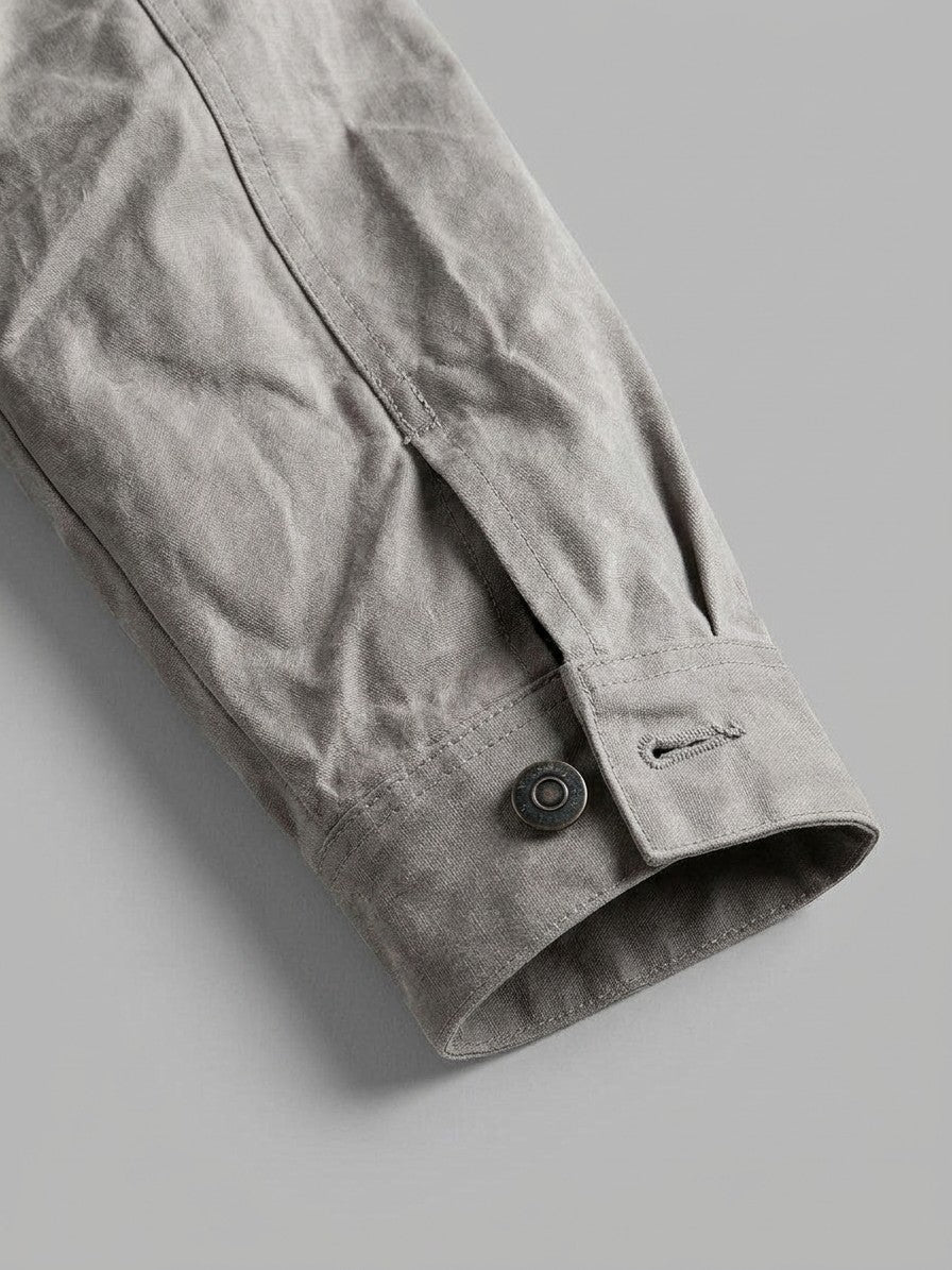 Suzzara Men's Denim-Pocket Waxed Trucker Jacket — stonegrey — detail-collar